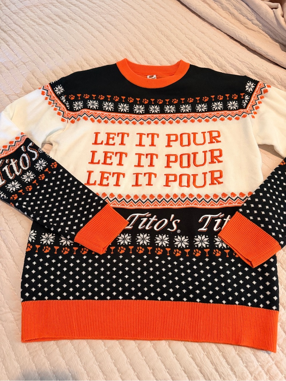 'Let It Pour' Tito’s Crewneck Sweater - Orange, Black & White NWOT M